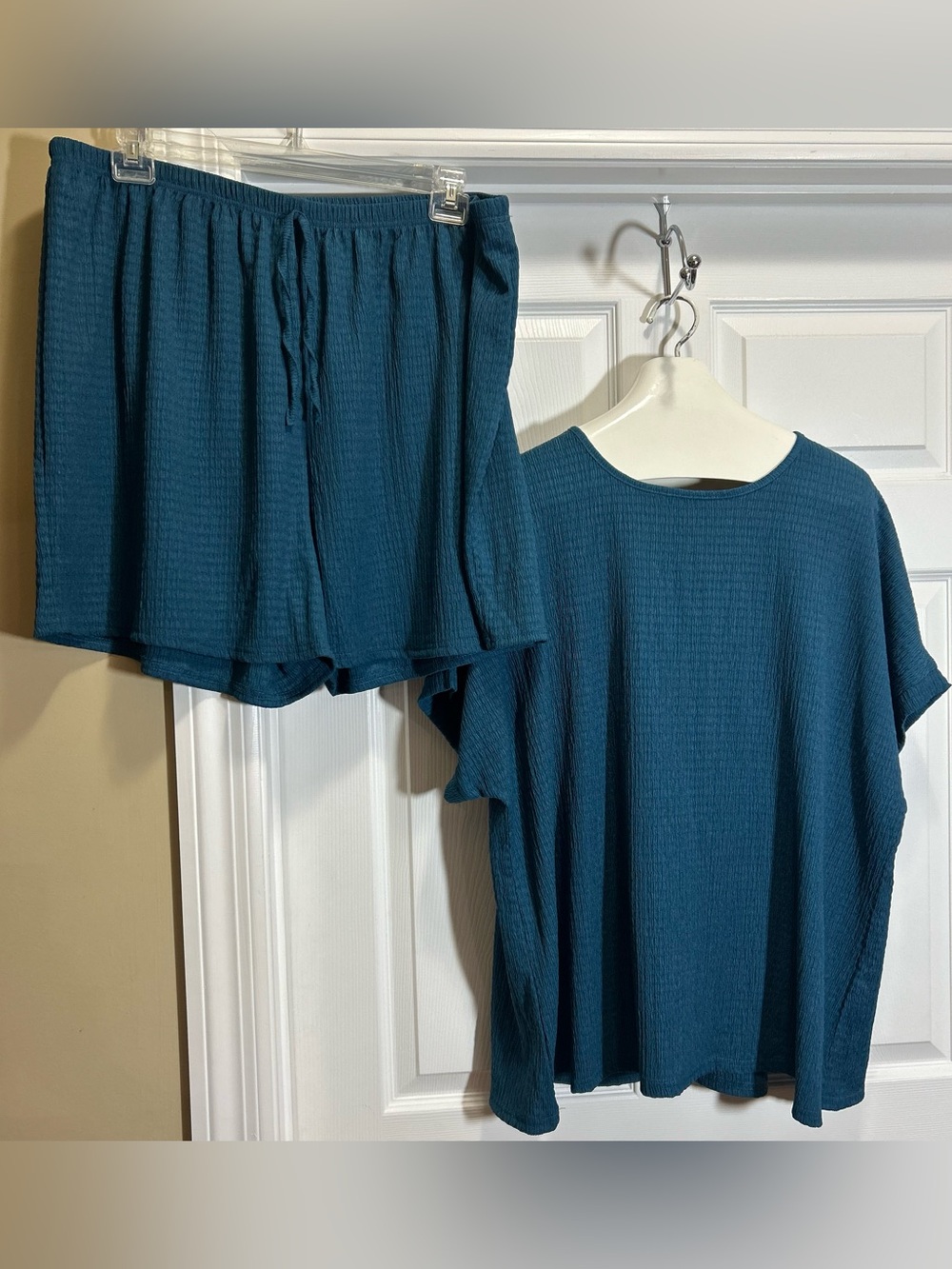 Teal Textured Material Matching Short Sleeve Set